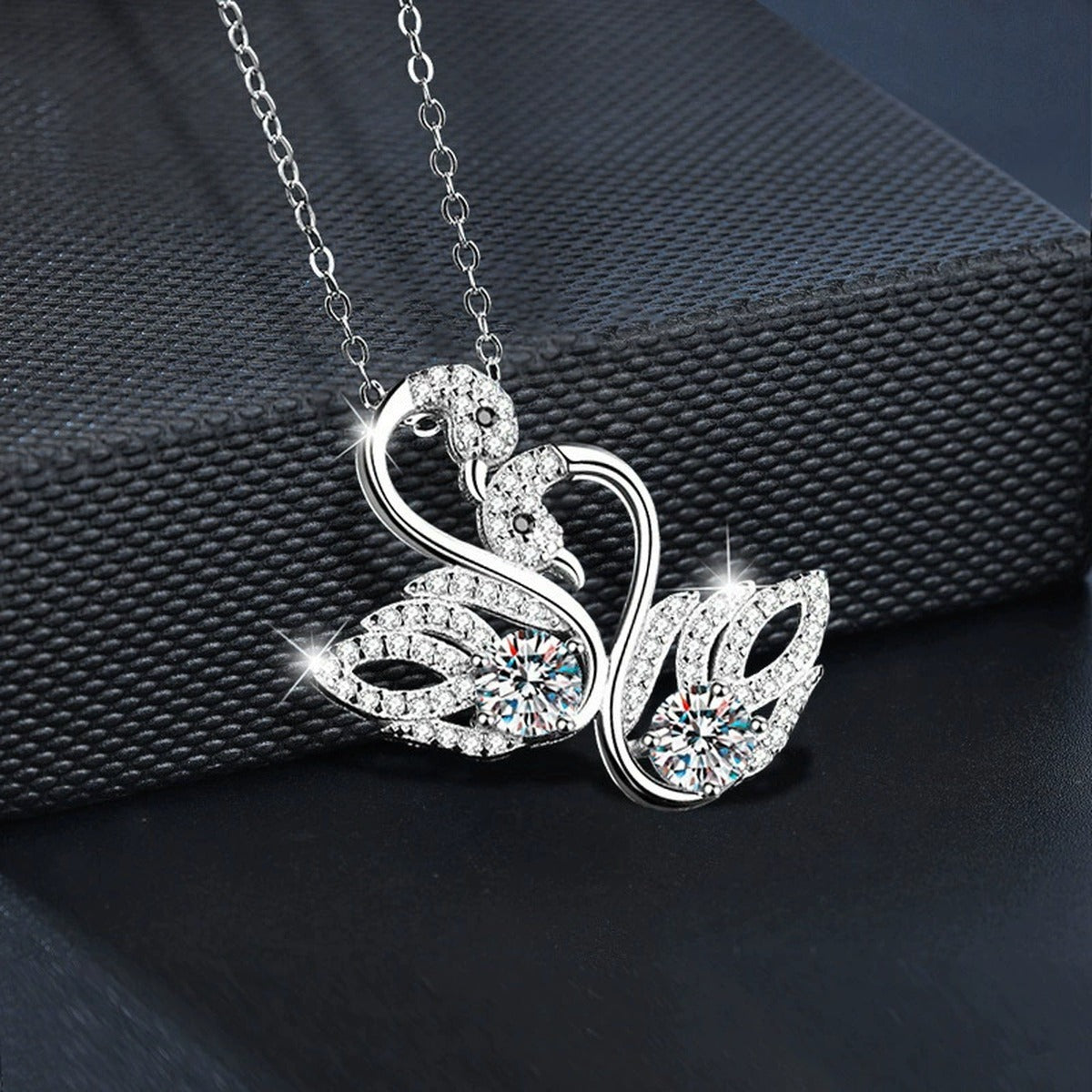 Swan Round Moissanite Necklace with CZ in White Gold-Plated S925 sterling silver angled product detail view
