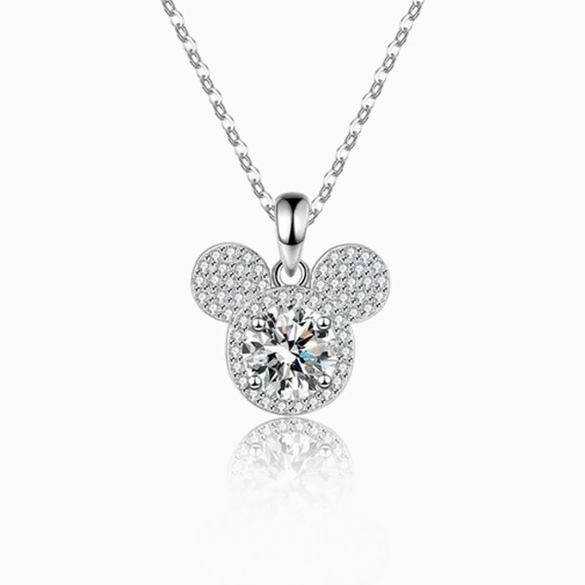 Teddy Round Moissanite Necklace with CZ in White Gold-Plated S925 sterling silver white background product photo showing teddy-inspired pendant with a round moissanite center and CZ accents