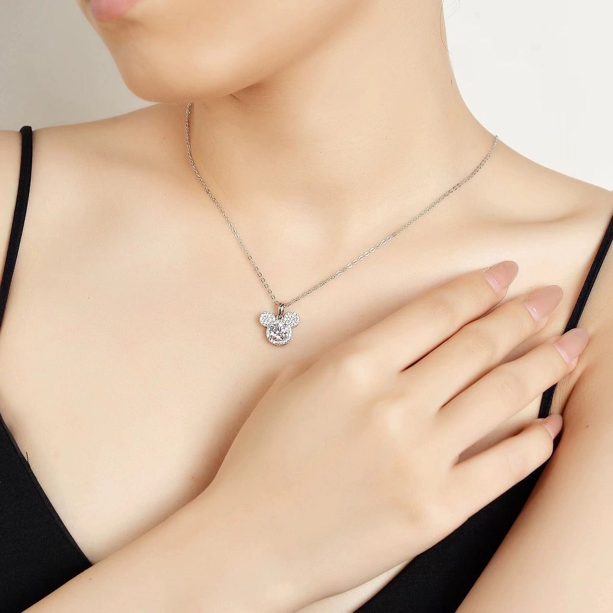 Teddy Round Moissanite Necklace with CZ in White Gold-Plated S925 sterling silver neckline model view showing pendant scale and chain length