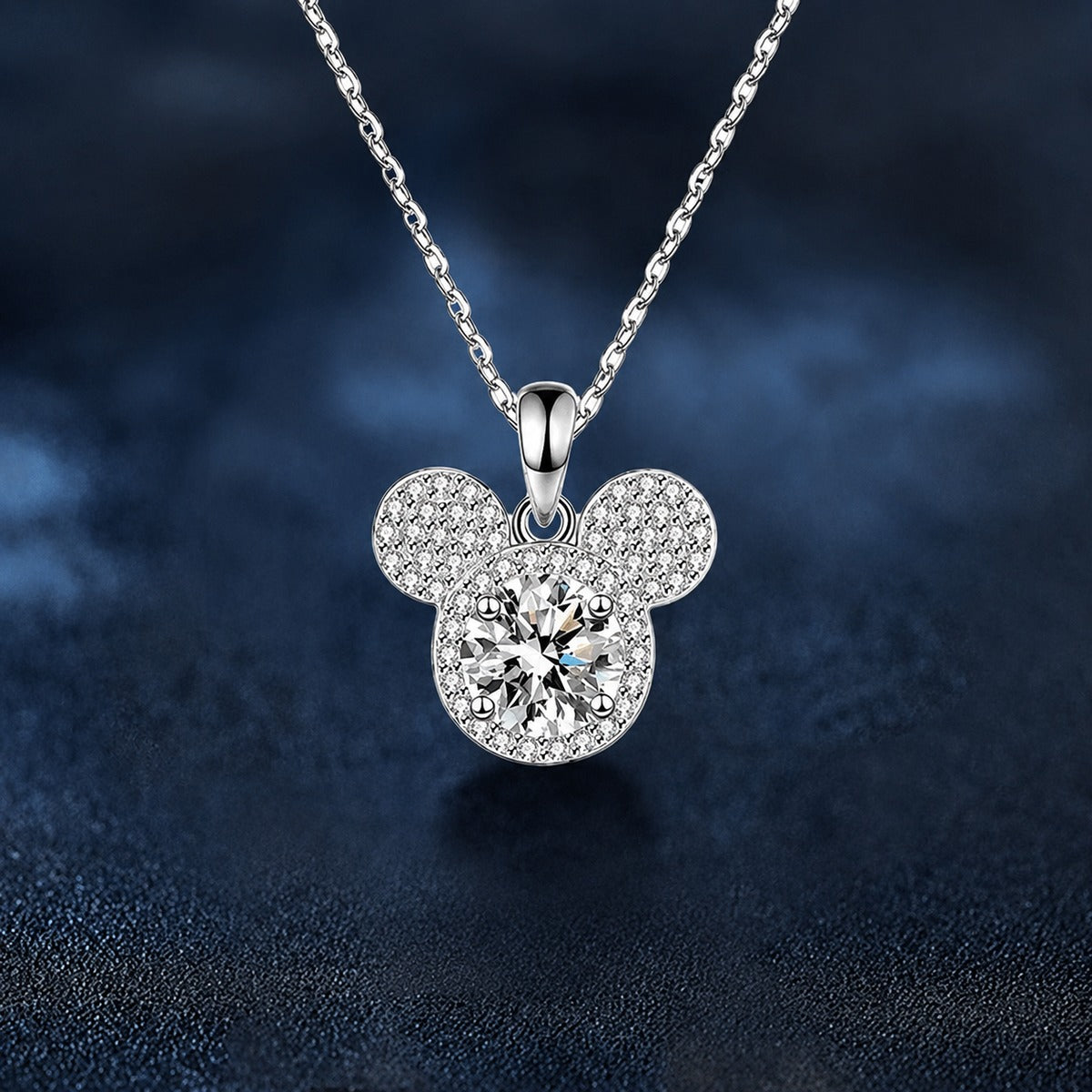 Teddy Round Moissanite Necklace with CZ in White Gold-Plated S925 sterling silver close-up product scene showing pendant setting