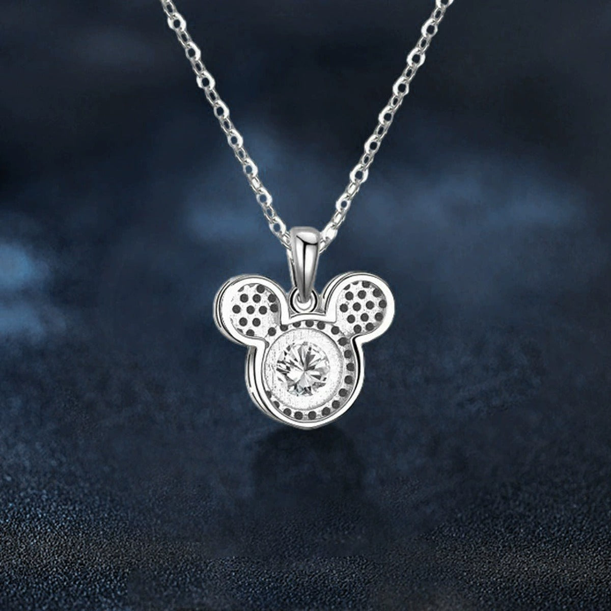 Teddy Round Moissanite Necklace with CZ in White Gold-Plated S925 sterling silver blue display scene showing chain and stone layout