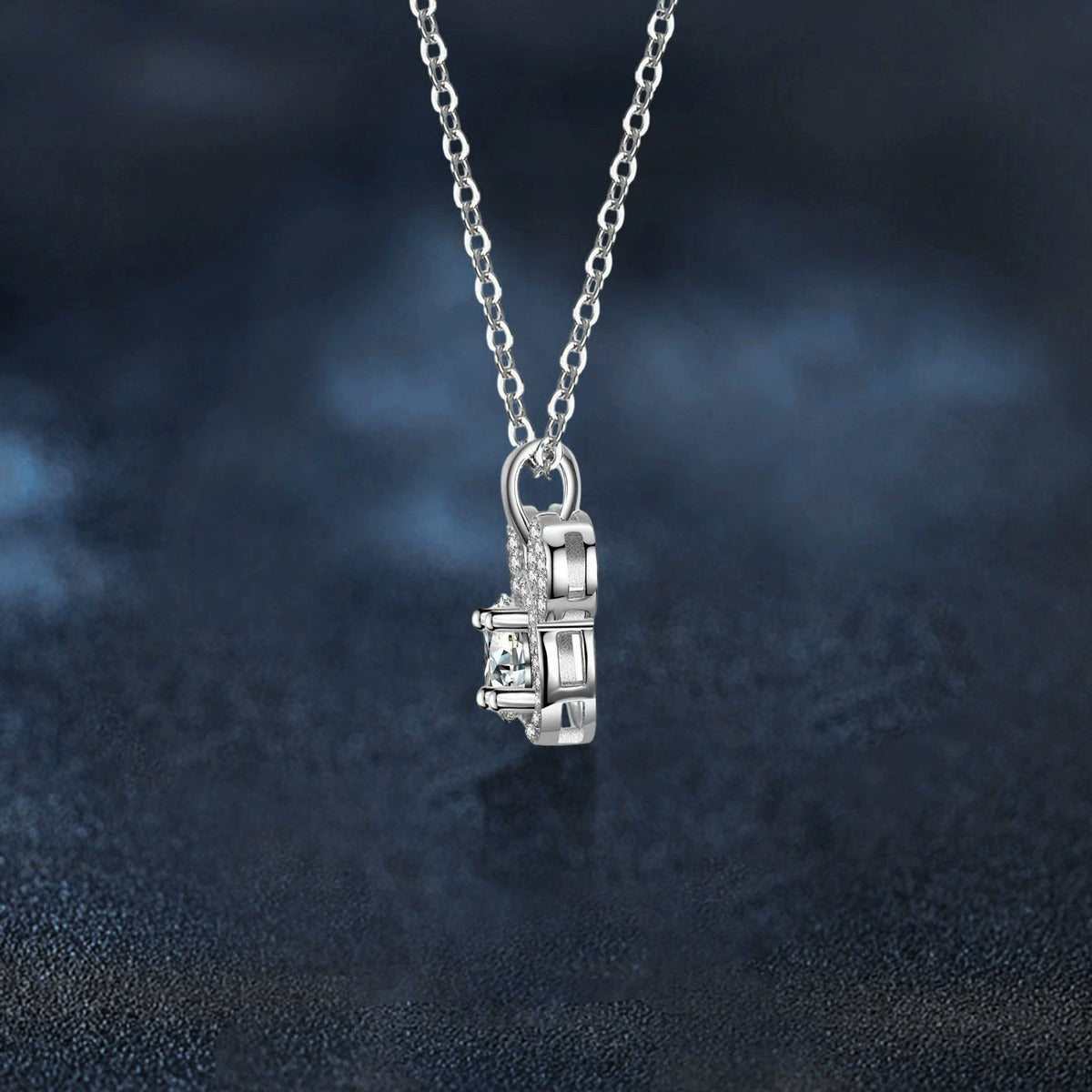 Teddy Round Moissanite Necklace with CZ in White Gold-Plated S925 sterling silver angled product detail view