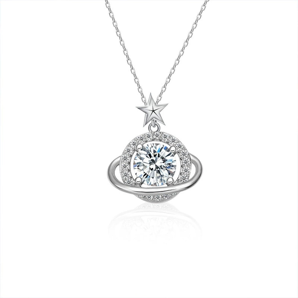 Planet Round Moissanite Pendant Necklace with CZ in White Gold-Plated S925 sterling silver white background product photo showing planet-inspired round moissanite pendant with CZ orbit detail