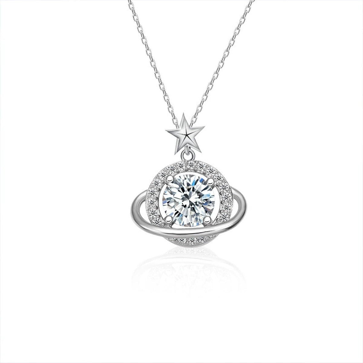 Planet Round Moissanite Pendant Necklace with CZ in White Gold-Plated S925 sterling silver white background product photo showing planet-inspired round moissanite pendant with CZ orbit detail