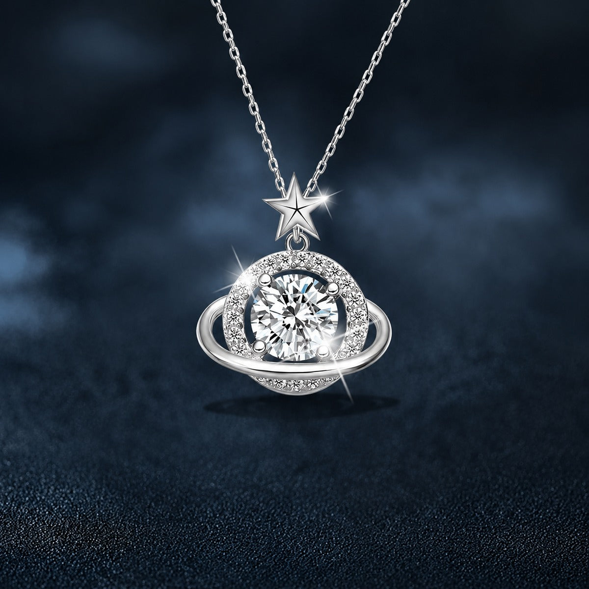 Planet Round Moissanite Pendant Necklace with CZ in White Gold-Plated S925 sterling silver close-up product scene showing pendant setting