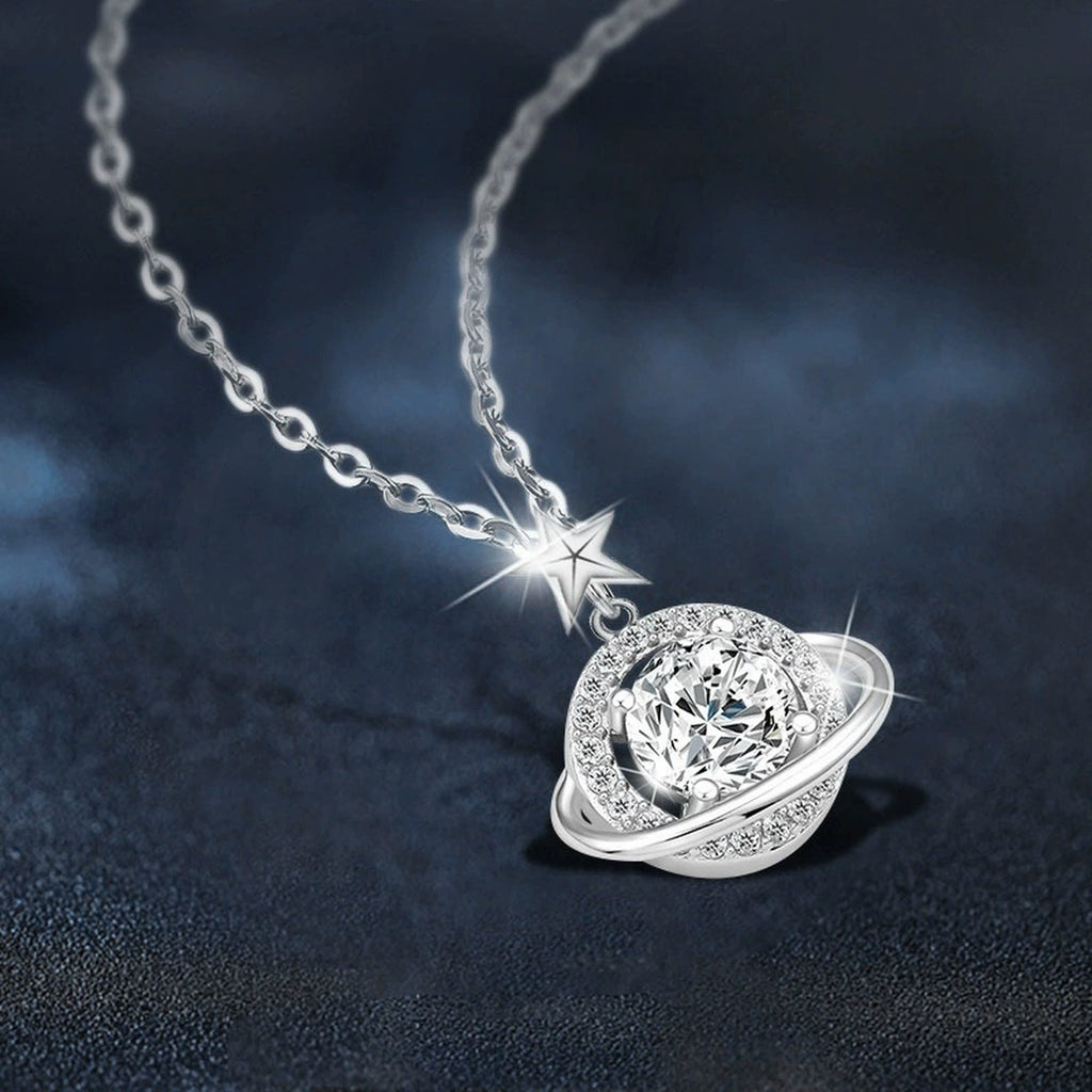 Planet Round Moissanite Pendant Necklace with CZ in White Gold-Plated S925 sterling silver blue display scene showing chain and stone layout