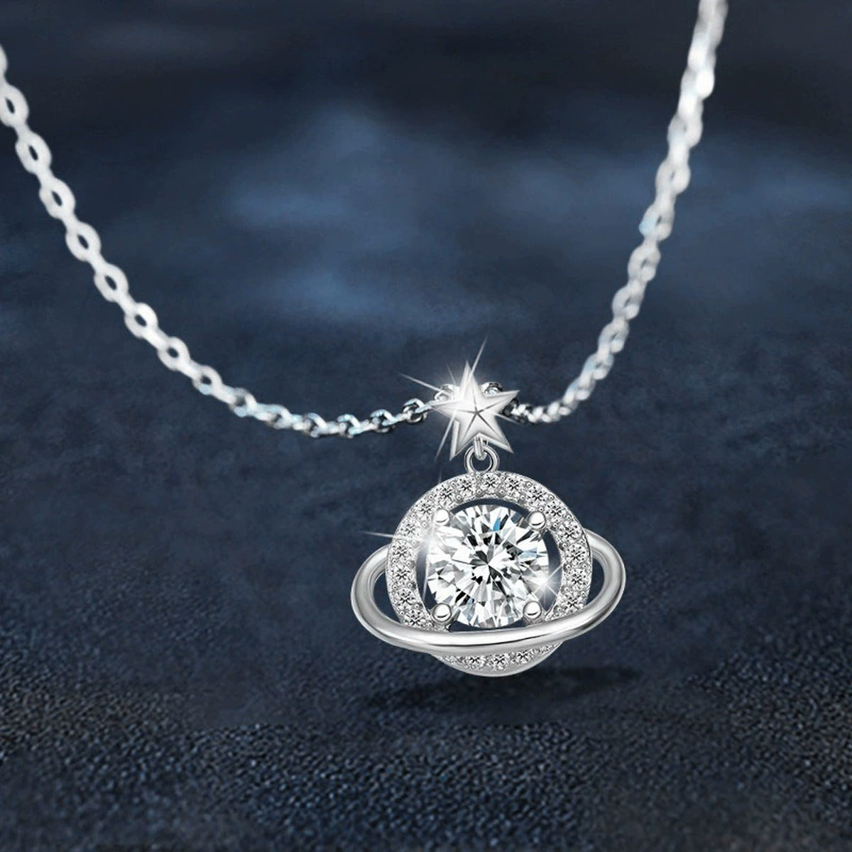 Planet Round Moissanite Pendant Necklace with CZ in White Gold-Plated S925 sterling silver angled product detail view