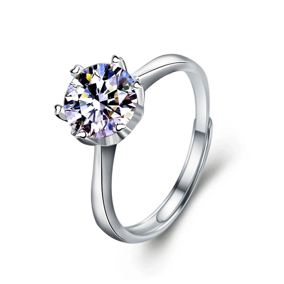 Classic Six-Prong Round Moissanite Engagement Ring in white gold-plated S925 sterling silver on clean white background