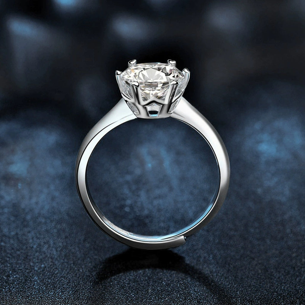 Classic Six-Prong Round Moissanite Engagement Ring close-up detail view with moissanite sparkle