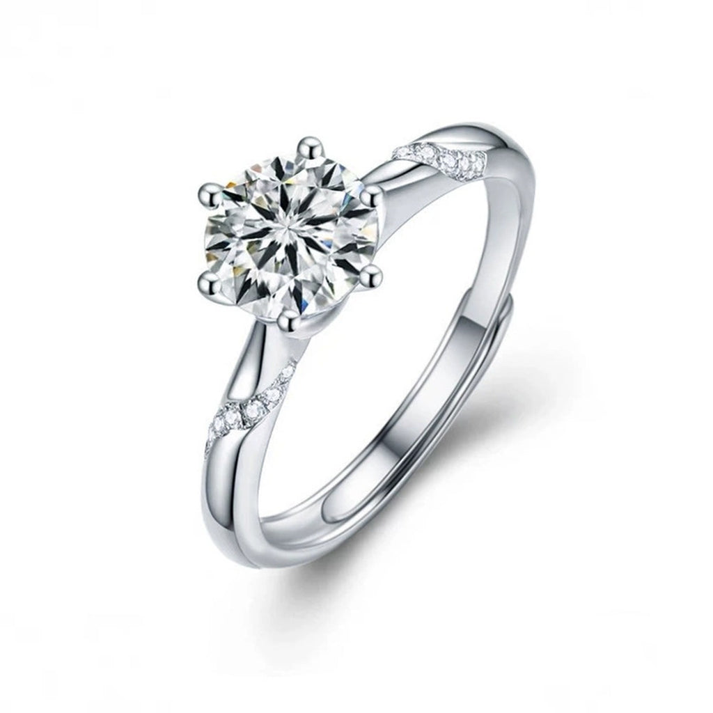 Round Moissanite Side Stone Engagement Ring with CZ in white gold-plated S925 sterling silver on clean white background