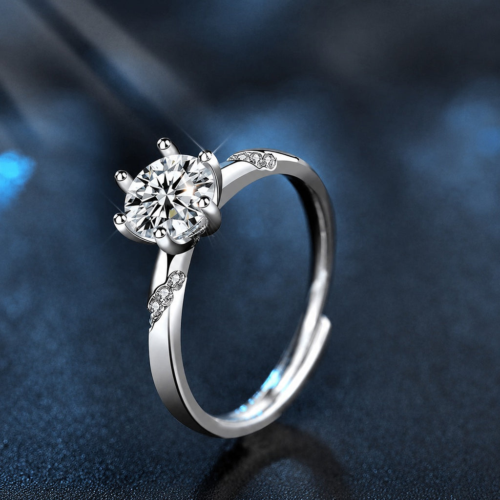 Round Moissanite Side Stone Engagement Ring with CZ close-up detail view with moissanite sparkle