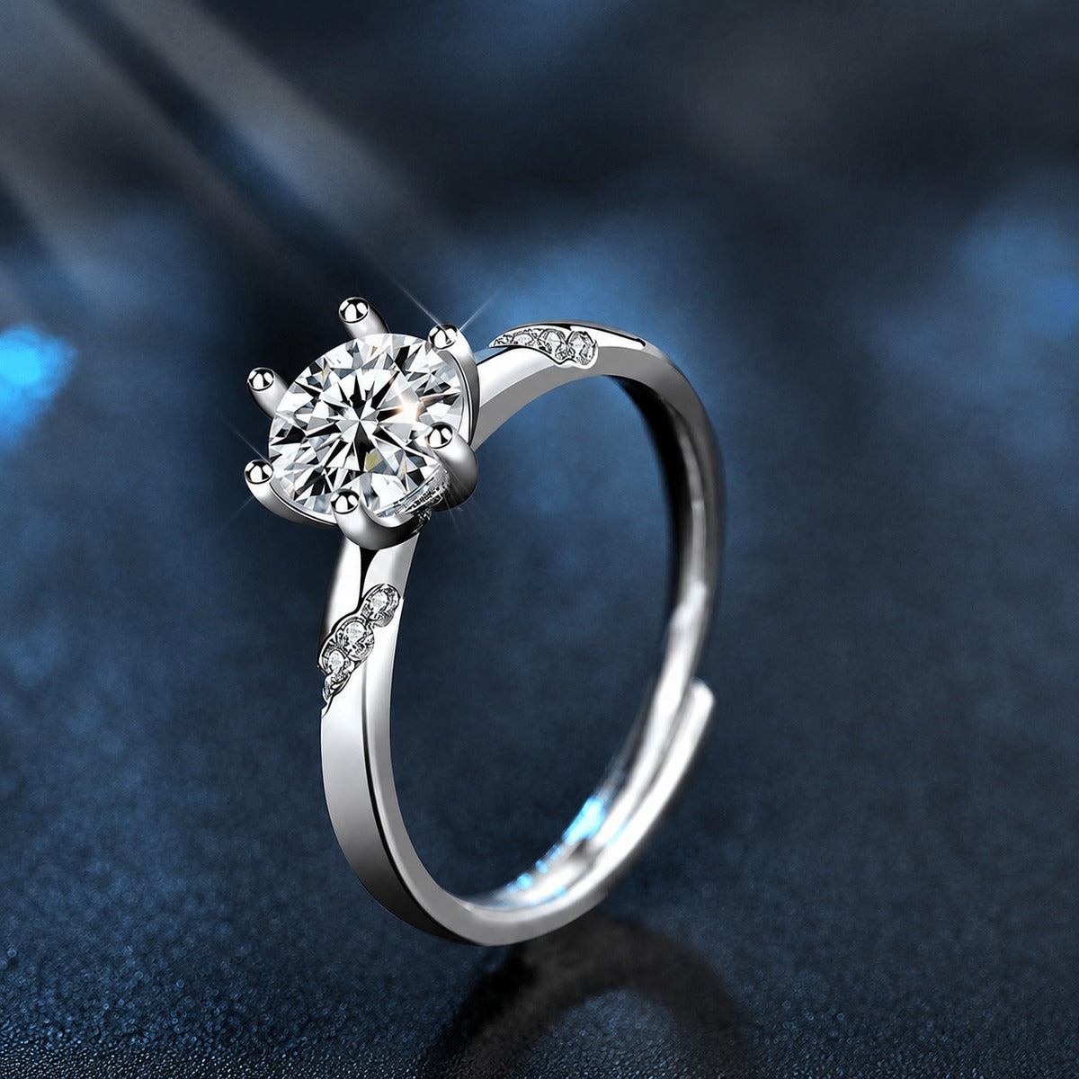 Round Moissanite Side Stone Engagement Ring with CZ close-up detail view with moissanite sparkle
