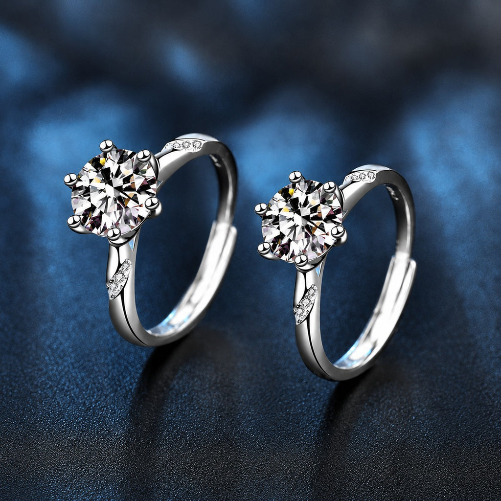 Round Moissanite Side Stone Engagement Ring with CZ close-up detail view with moissanite sparkle