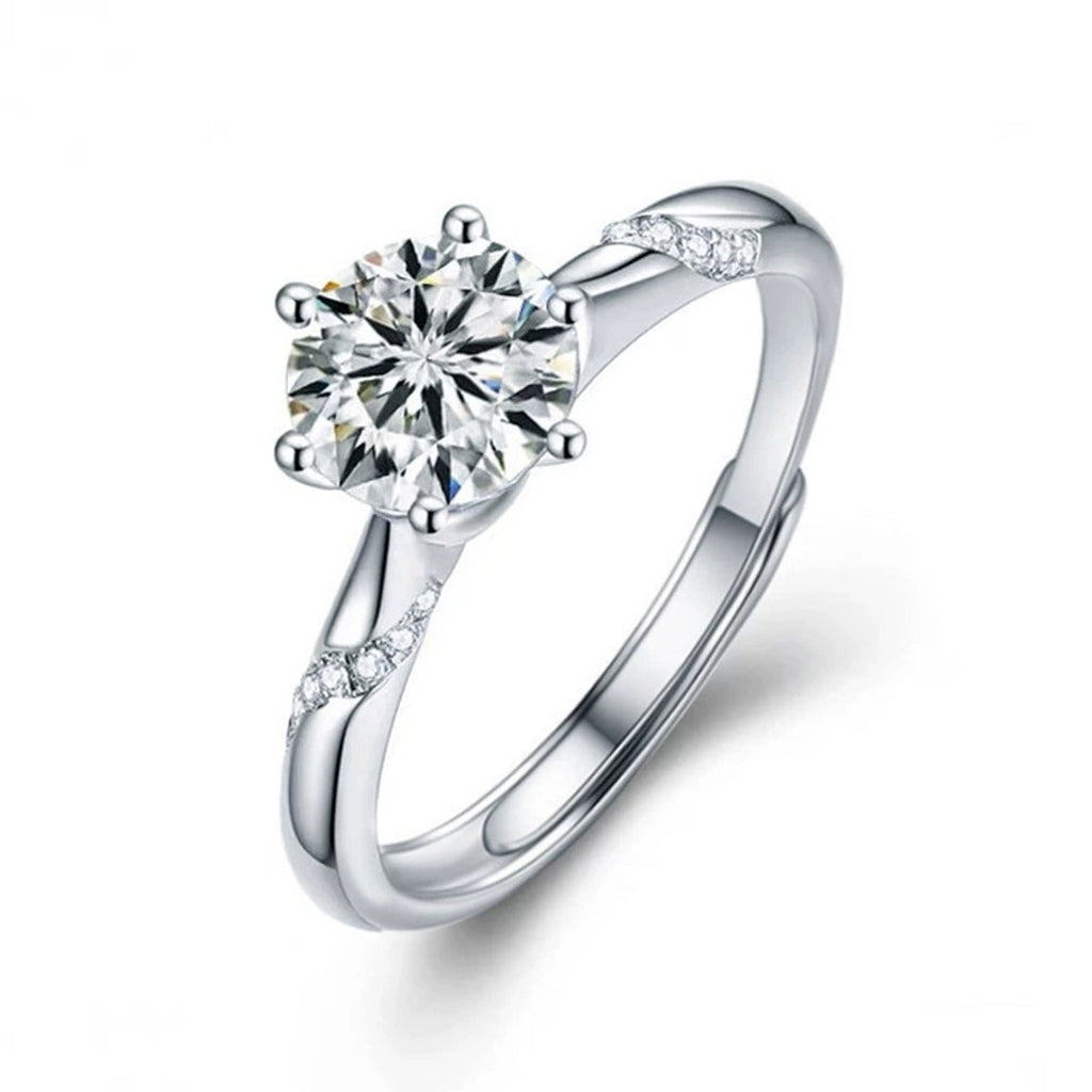 Couples Round Moissanite Wedding Rings in white gold-plated S925 sterling silver on clean white background