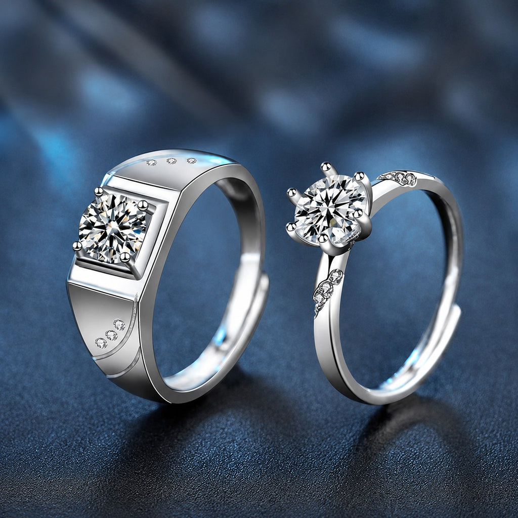 Couples Round Moissanite Wedding Rings product view showing moissanite setting and metal finish