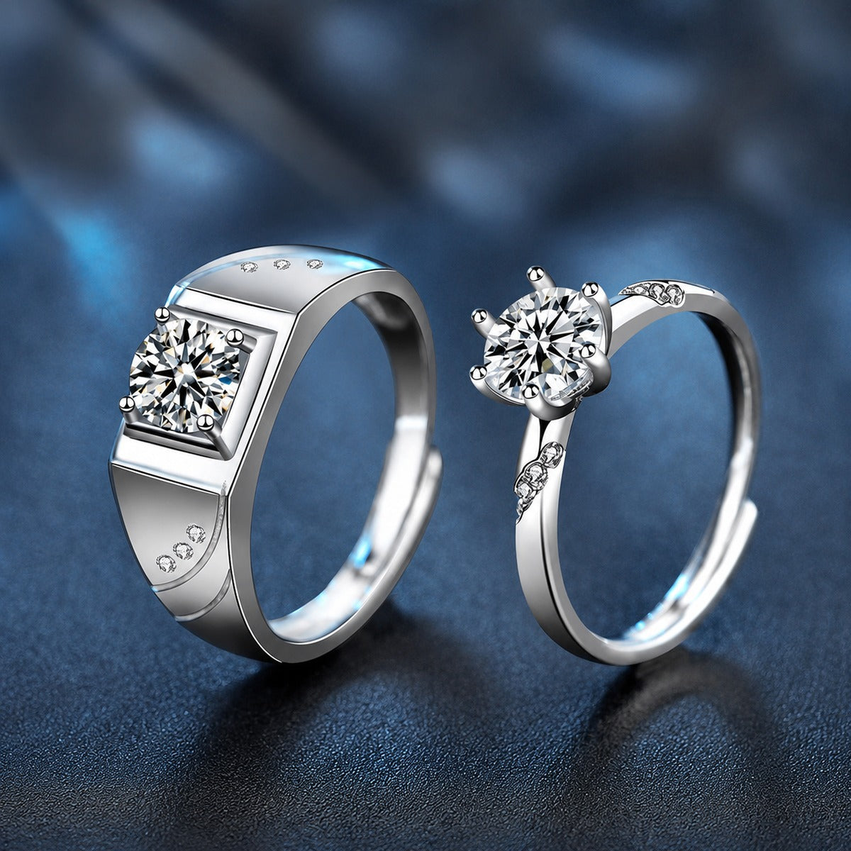 Couples Round Moissanite Wedding Rings product view showing moissanite setting and metal finish