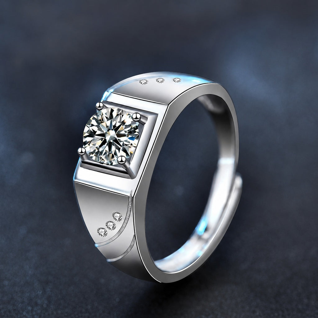 Couples Round Moissanite Wedding Rings close-up detail view with moissanite sparkle