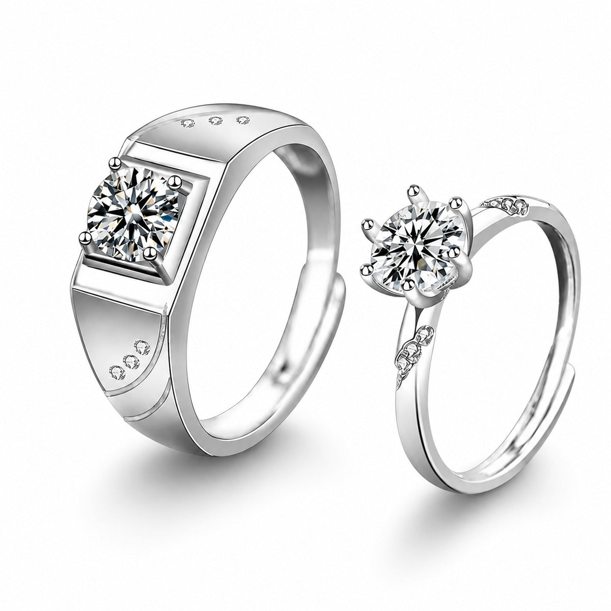 Couples Round Moissanite Wedding Rings in white gold-plated S925 sterling silver on clean white background