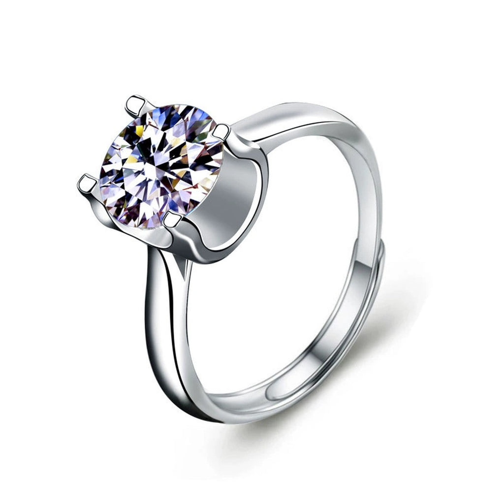 Four-Prong Round Moissanite Adjustable Engagement Ring in white gold-plated S925 sterling silver on clean white background