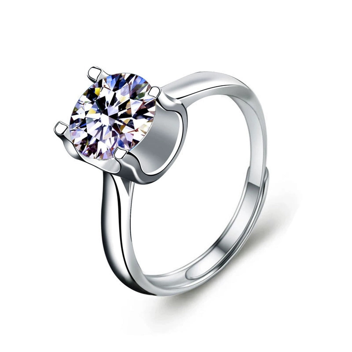 Four-Prong Round Moissanite Adjustable Engagement Ring in white gold-plated S925 sterling silver on clean white background