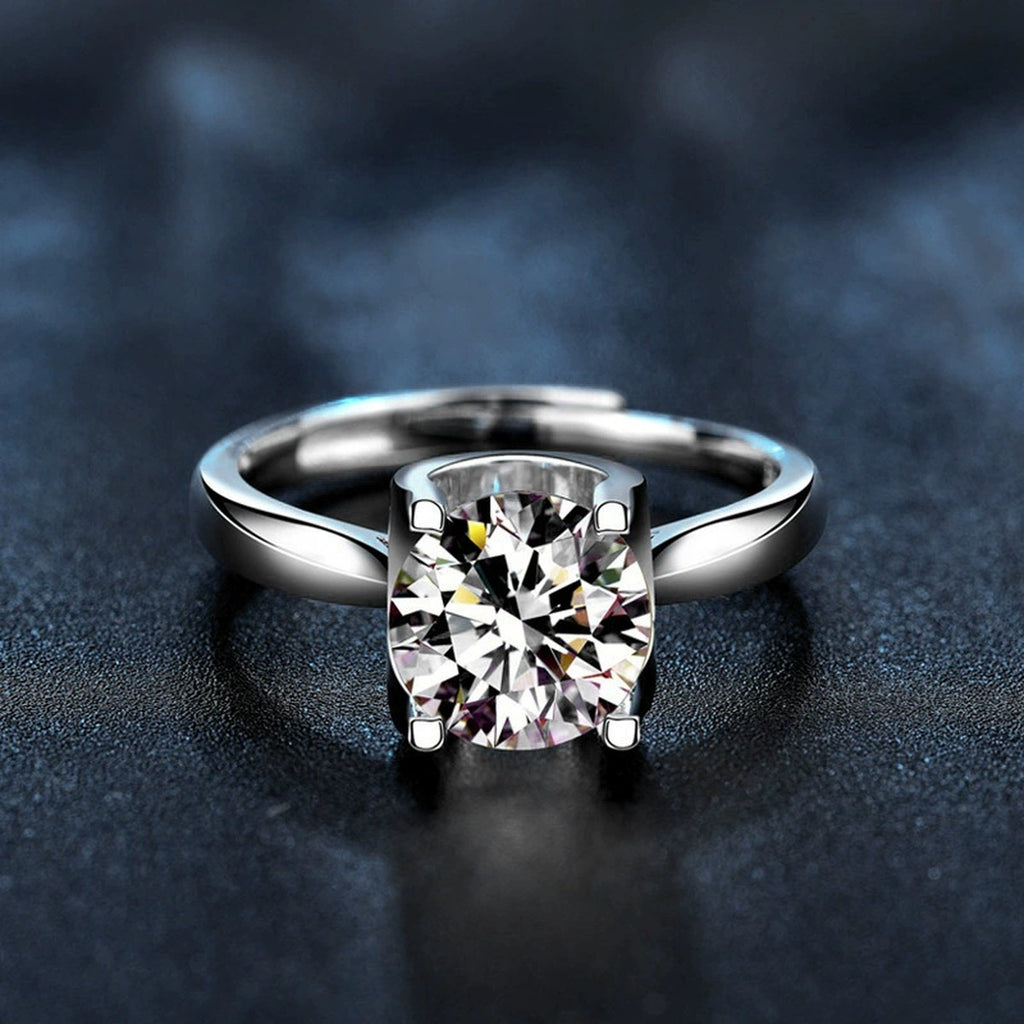 Four-Prong Round Moissanite Adjustable Engagement Ring close-up detail view with moissanite sparkle