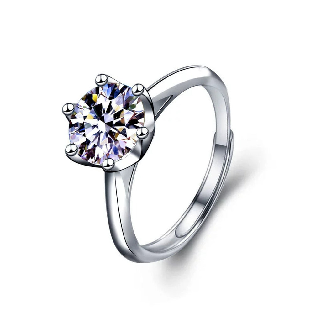 Classic Six-Prong Round Moissanite Adjustable Engagement Ring in white gold-plated S925 sterling silver on clean white background