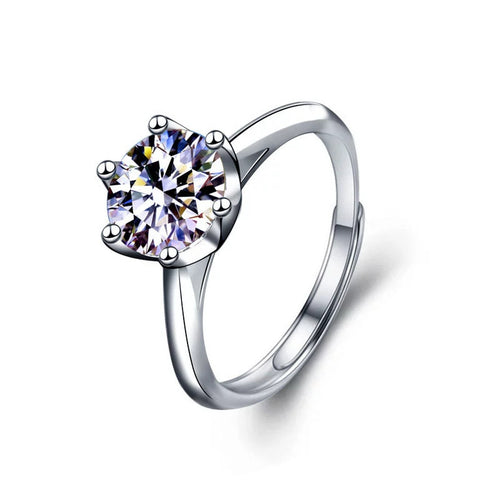 Classic Six-Prong Round Moissanite Adjustable Engagement Ring in white gold-plated S925 sterling silver on clean white background
