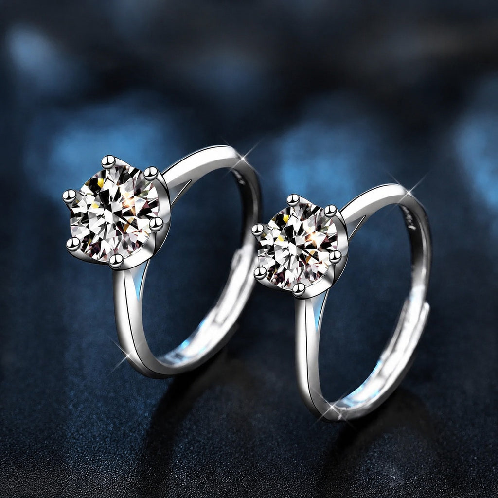 Classic Six-Prong Round Moissanite Adjustable Engagement Ring close-up detail view with moissanite sparkle