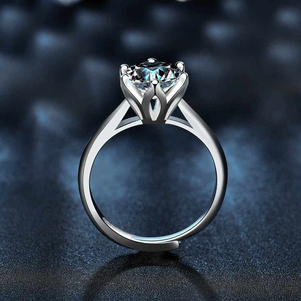 Classic Six-Prong Round Moissanite Adjustable Engagement Ring close-up detail view with moissanite sparkle