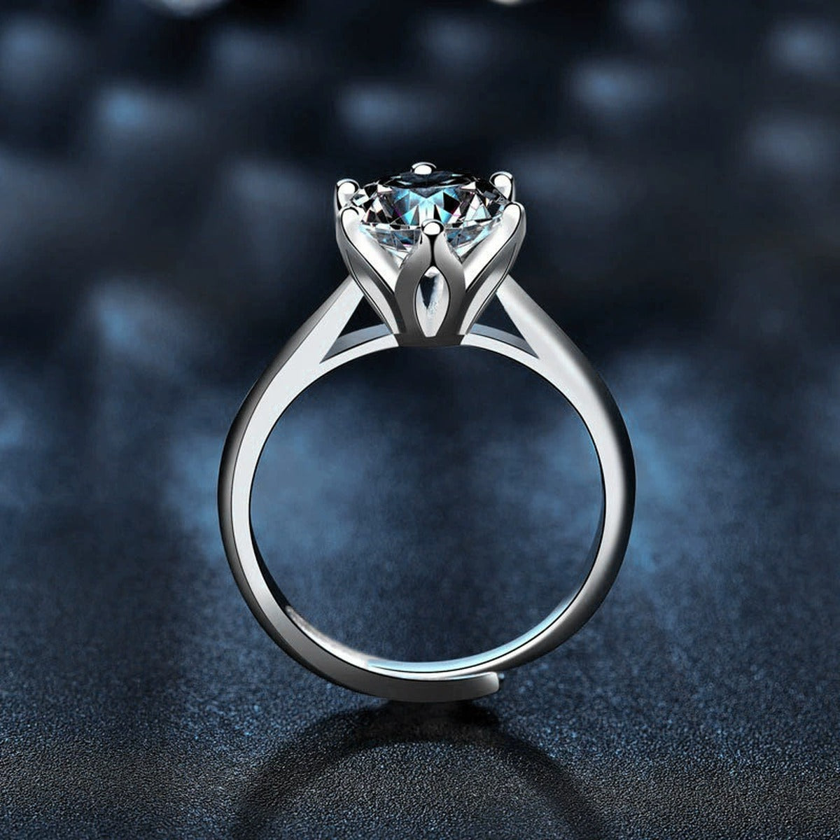 Classic Six-Prong Round Moissanite Adjustable Engagement Ring close-up detail view with moissanite sparkle