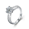 Princess-Inspired Six-Prong Round Moissanite Engagement Ring with CZ in white gold-plated S925 sterling silver on clean white background