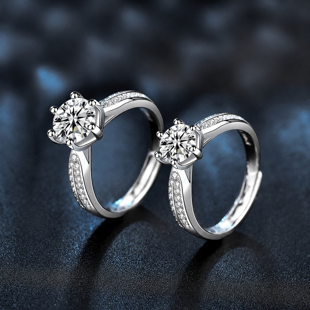 Princess-Inspired Six-Prong Round Moissanite Engagement Ring with CZ close-up detail view with moissanite sparkle