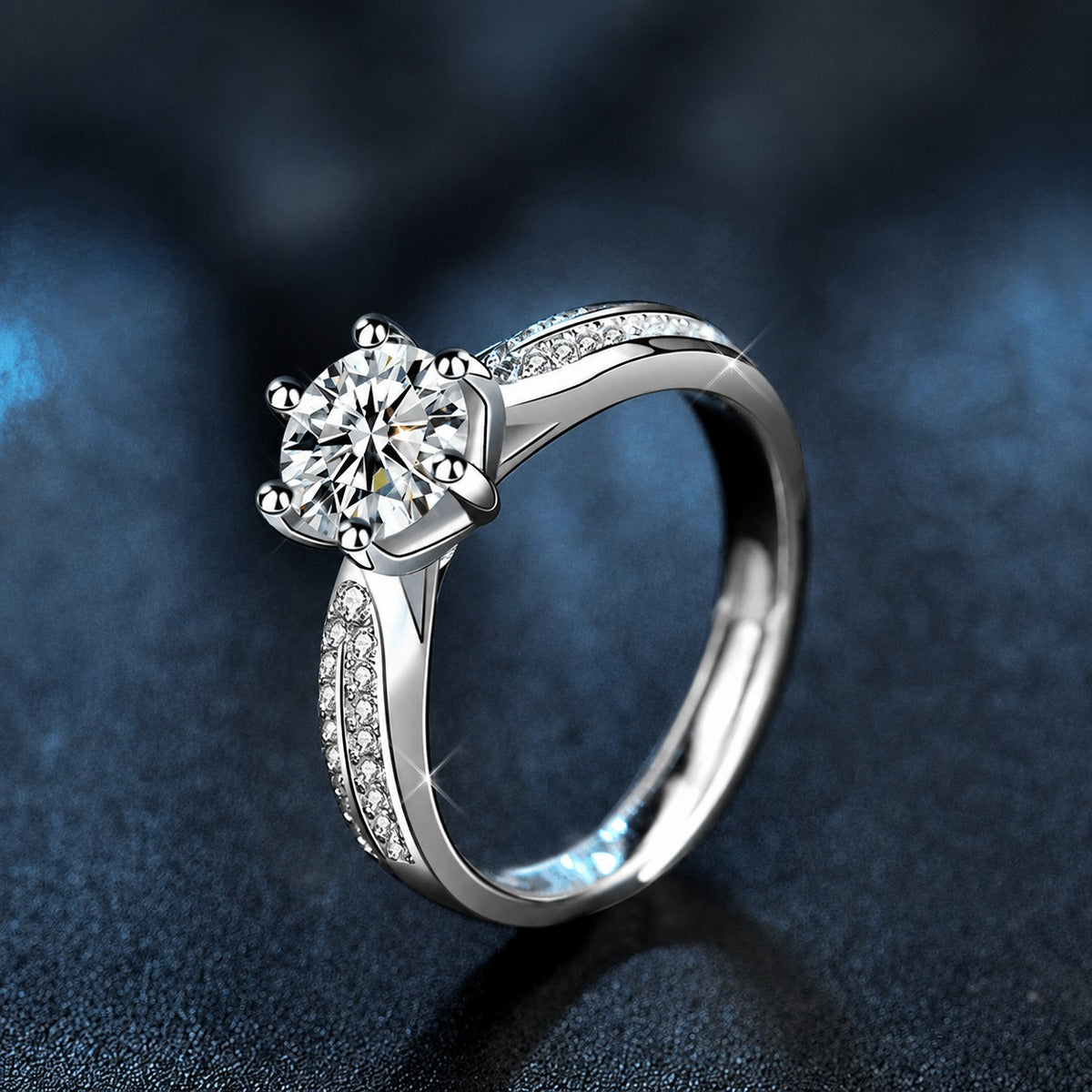 Princess-Inspired Six-Prong Round Moissanite Engagement Ring with CZ close-up detail view with moissanite sparkle