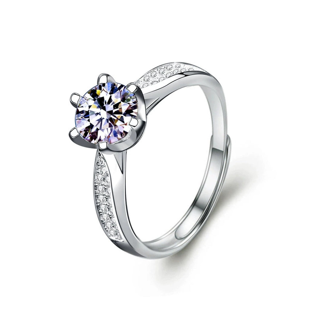 Starburst Six-Prong Round Moissanite Engagement Ring with CZ in gold-plated S925 sterling silver on clean white background