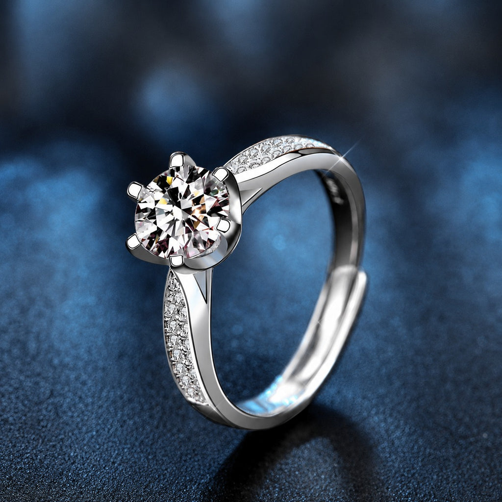 Starburst Six-Prong Round Moissanite Engagement Ring with CZ product view showing moissanite setting and metal finish