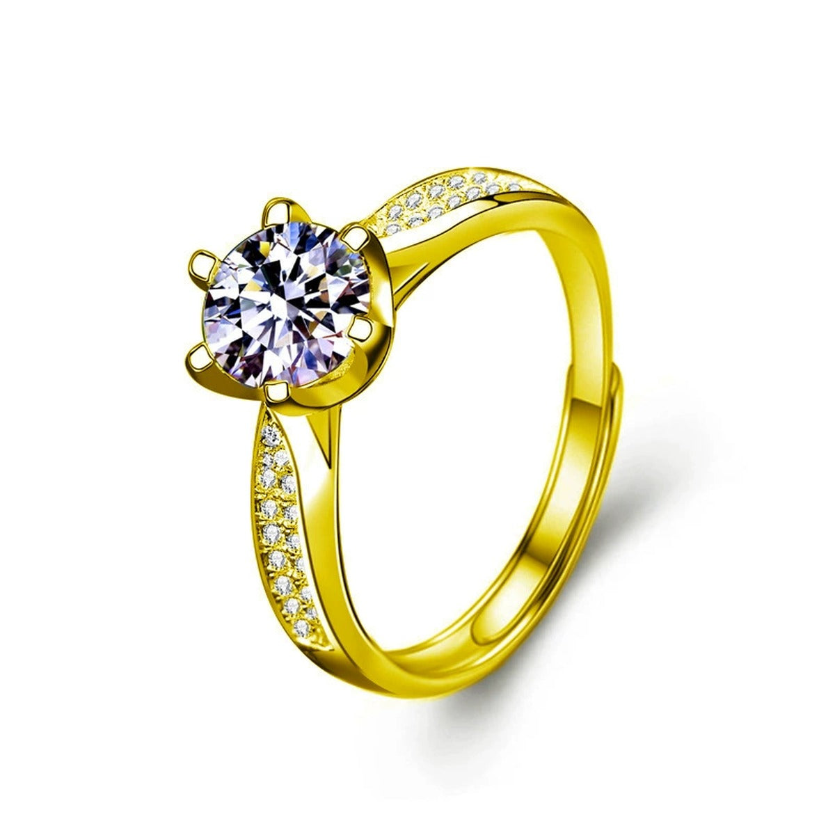 Starburst Six-Prong Round Moissanite Engagement Ring with CZ in gold-plated S925 sterling silver on clean white background