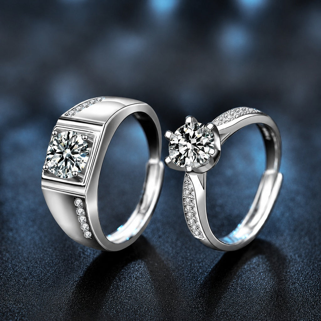 Couples Round Moissanite Wedding Rings with CZ close-up detail view with moissanite sparkle