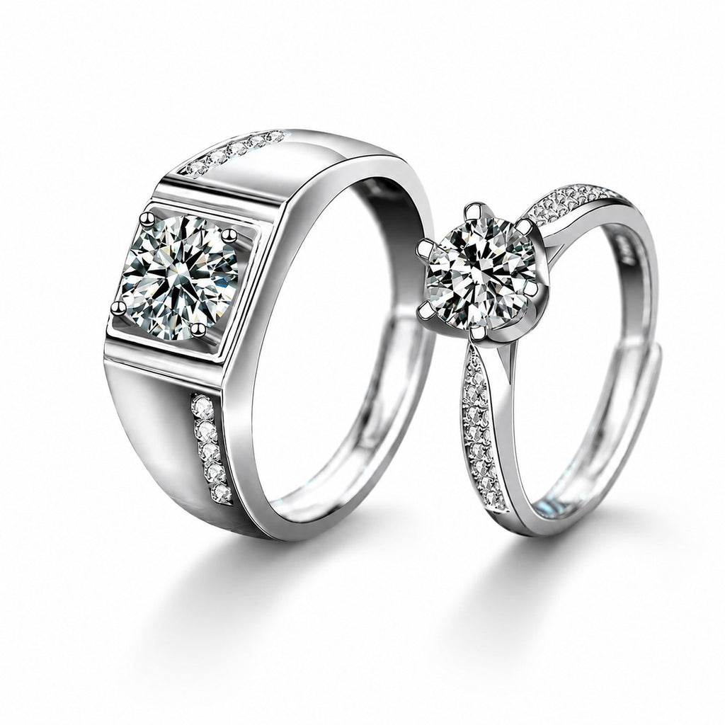 Couples Round Moissanite Wedding Rings with CZ in white gold-plated S925 sterling silver on clean white background