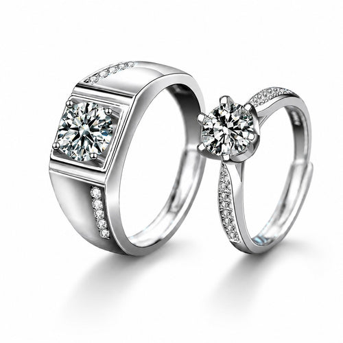 Couples Round Moissanite Wedding Rings with CZ in white gold-plated S925 sterling silver on clean white background