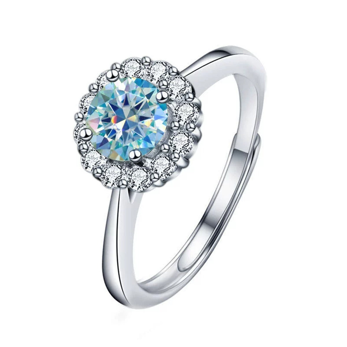 Colored Round Moissanite Halo Adjustable Engagement Ring with CZ in white gold-plated S925 sterling silver on clean white background