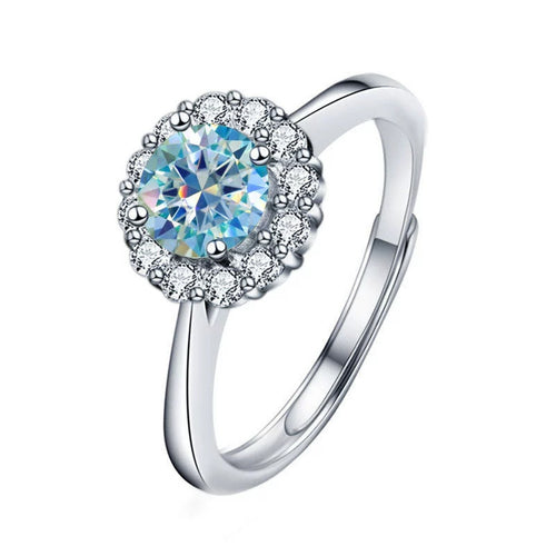 Colored Round Moissanite Halo Adjustable Engagement Ring with CZ in white gold-plated S925 sterling silver on clean white background