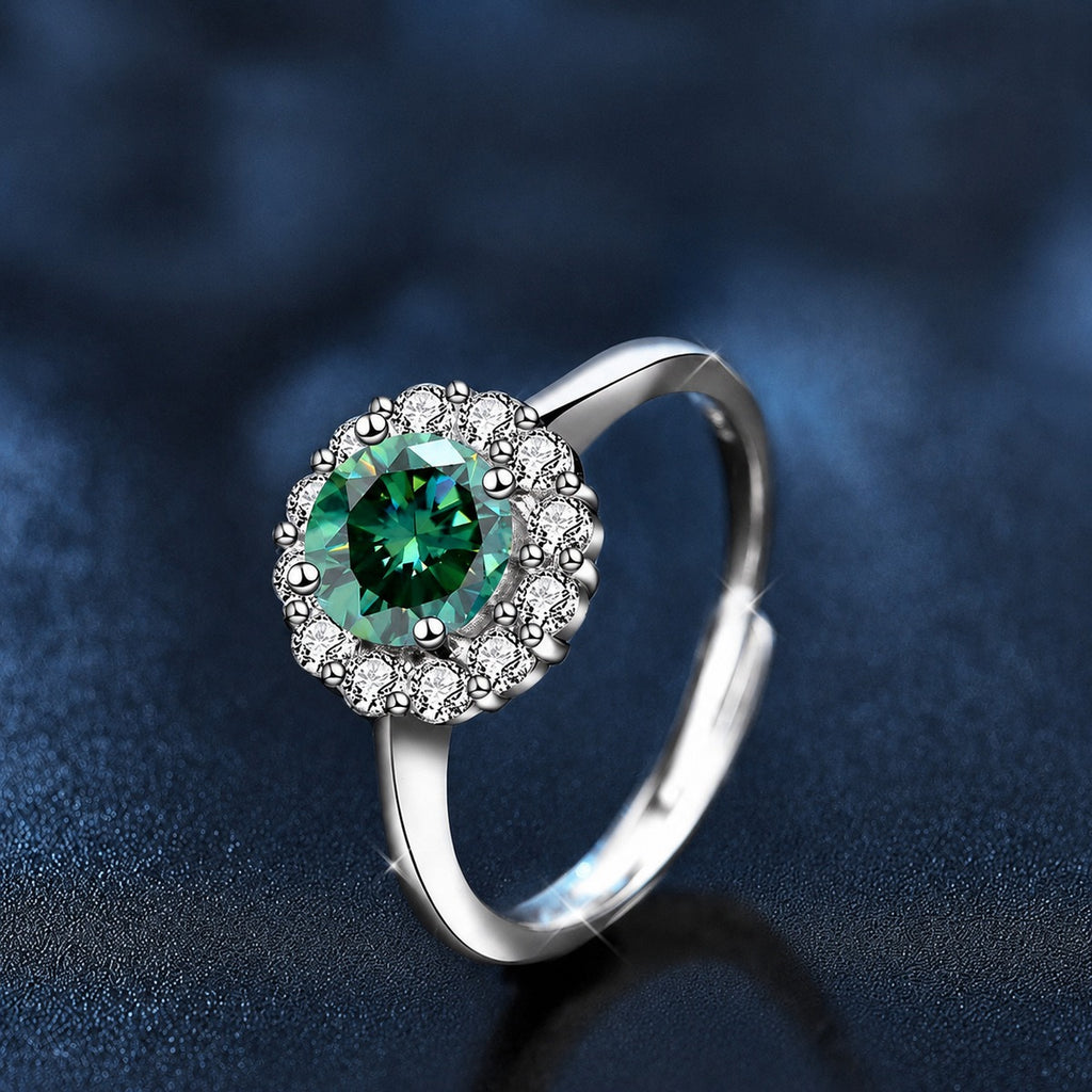 Colored Round Moissanite Halo Adjustable Engagement Ring with CZ close-up detail view with moissanite sparkle