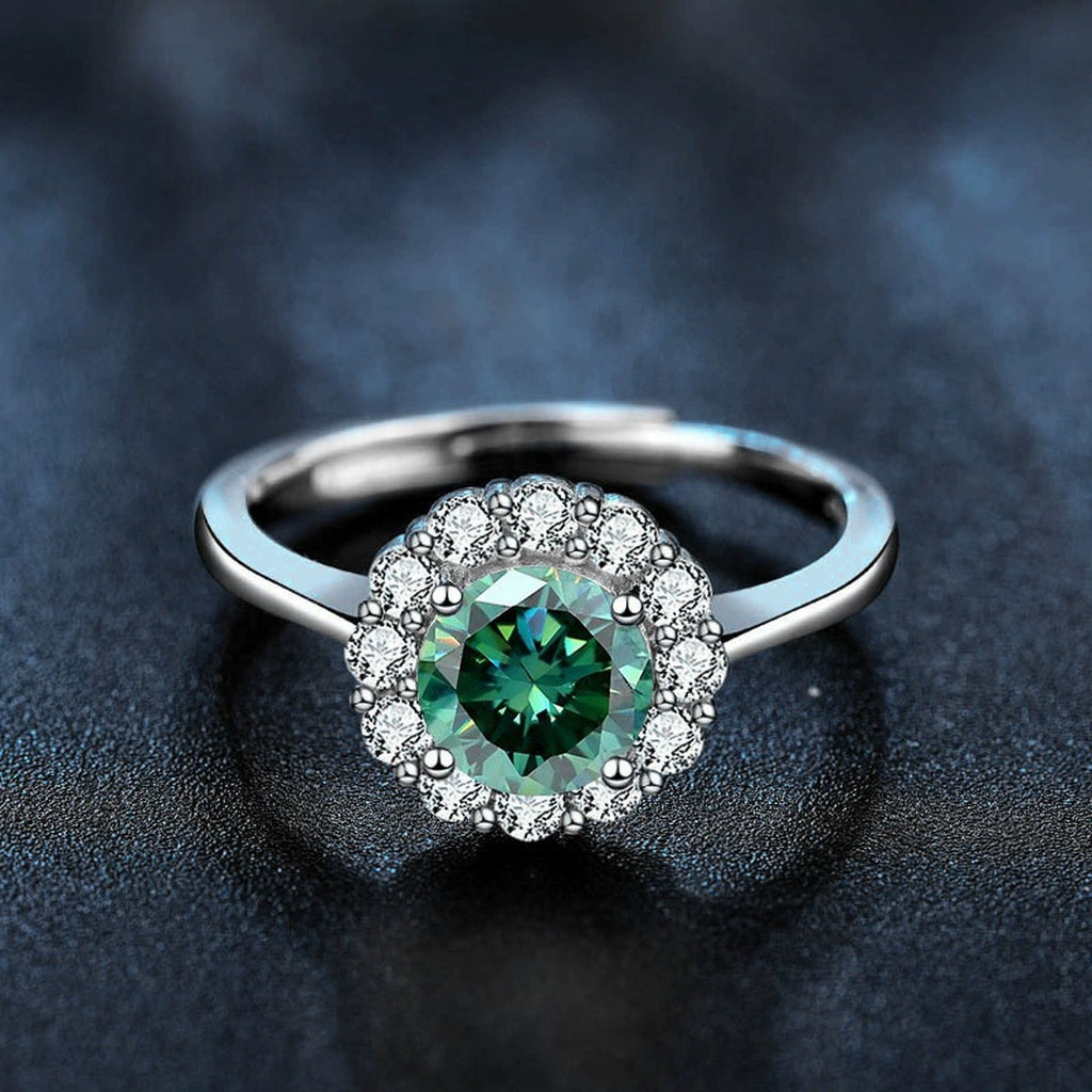 Colored Round Moissanite Halo Adjustable Engagement Ring with CZ close-up detail view with moissanite sparkle