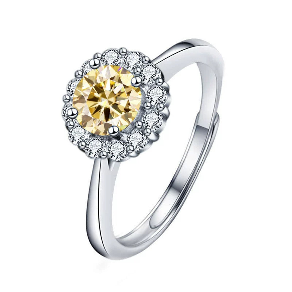 Colored Round Moissanite Halo Adjustable Engagement Ring with CZ in white gold-plated S925 sterling silver on clean white background