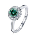 Colored Round Moissanite Halo Adjustable Engagement Ring with CZ in white gold-plated S925 sterling silver on clean white background