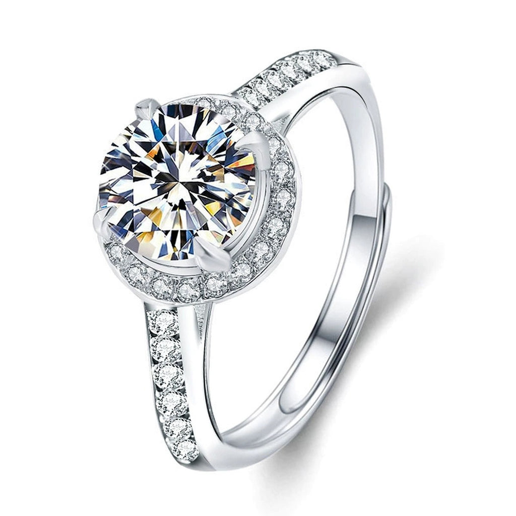 Round Halo Moissanite Engagement Ring with CZ in white gold-plated S925 sterling silver on clean white background