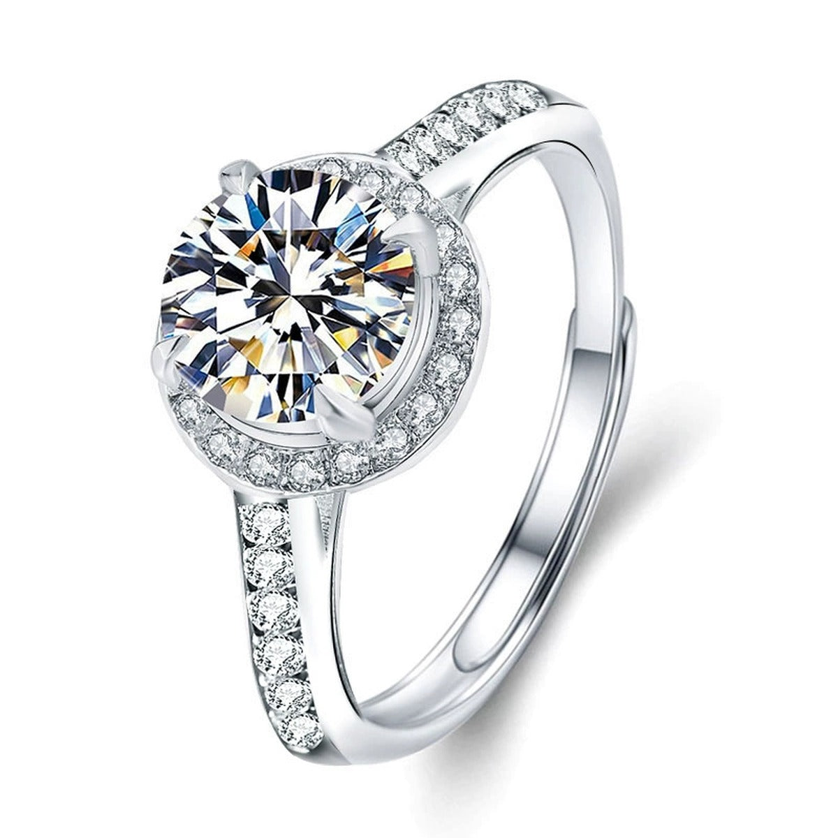 Round Halo Moissanite Engagement Ring with CZ in white gold-plated S925 sterling silver on clean white background