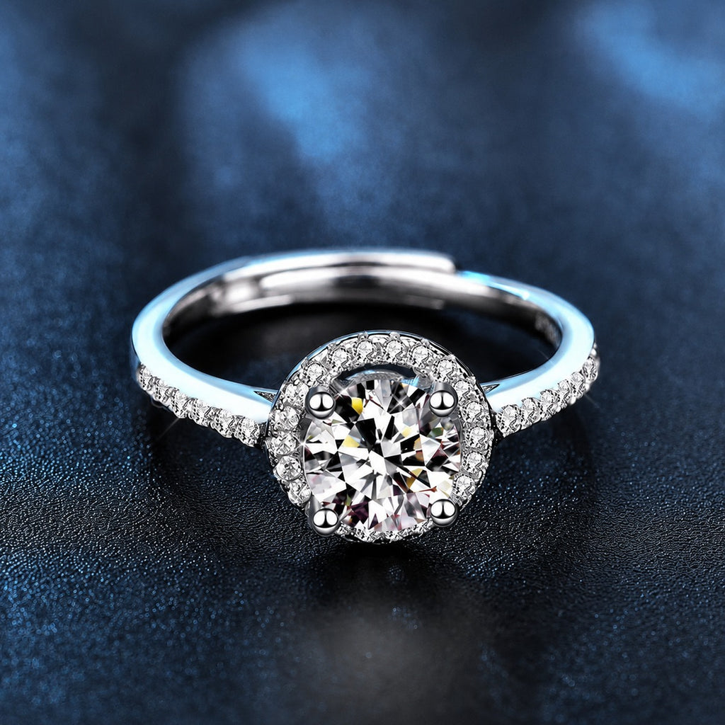 Round Halo Moissanite Engagement Ring with CZ product view showing moissanite setting and metal finish