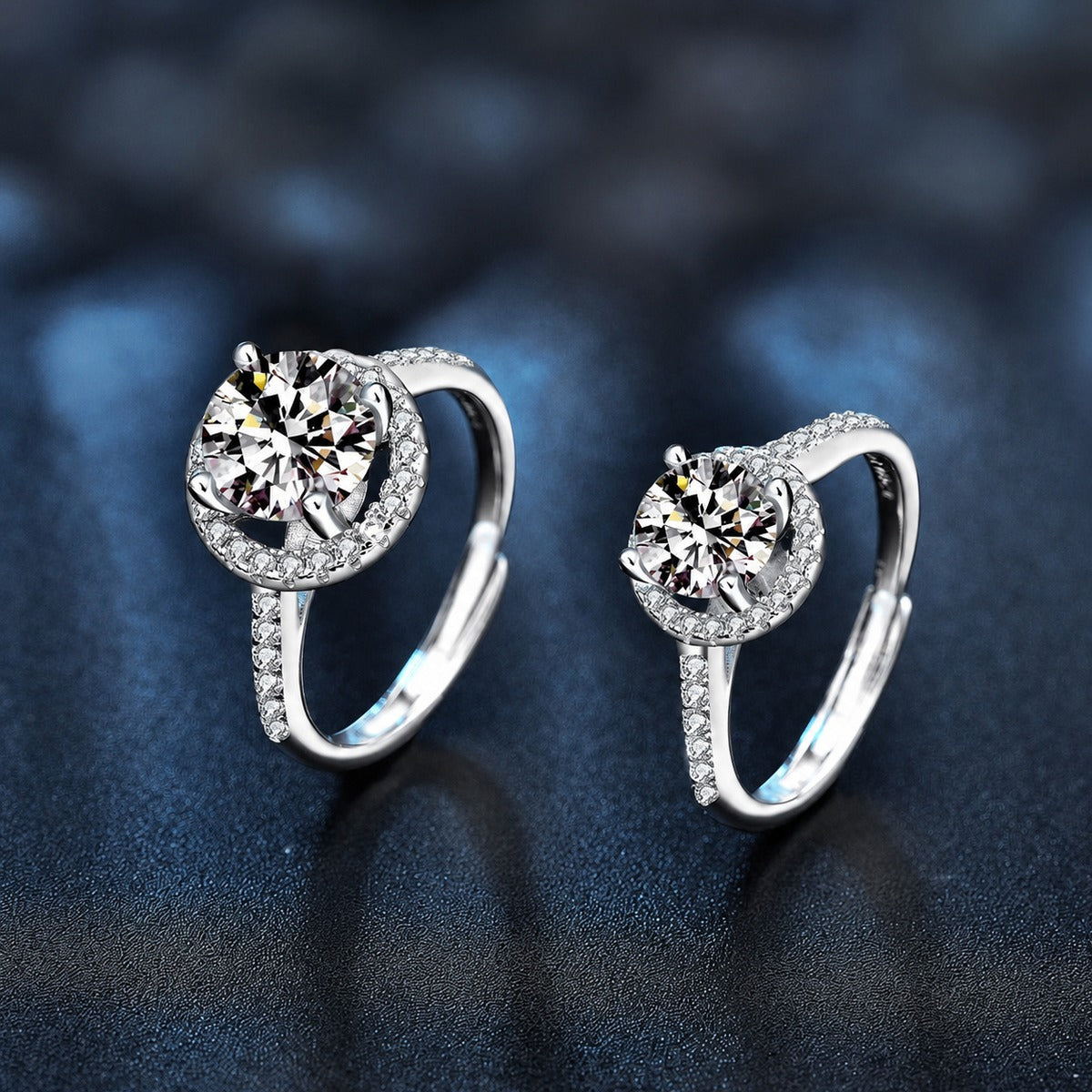 Round Halo Moissanite Engagement Ring with CZ close-up detail view with moissanite sparkle