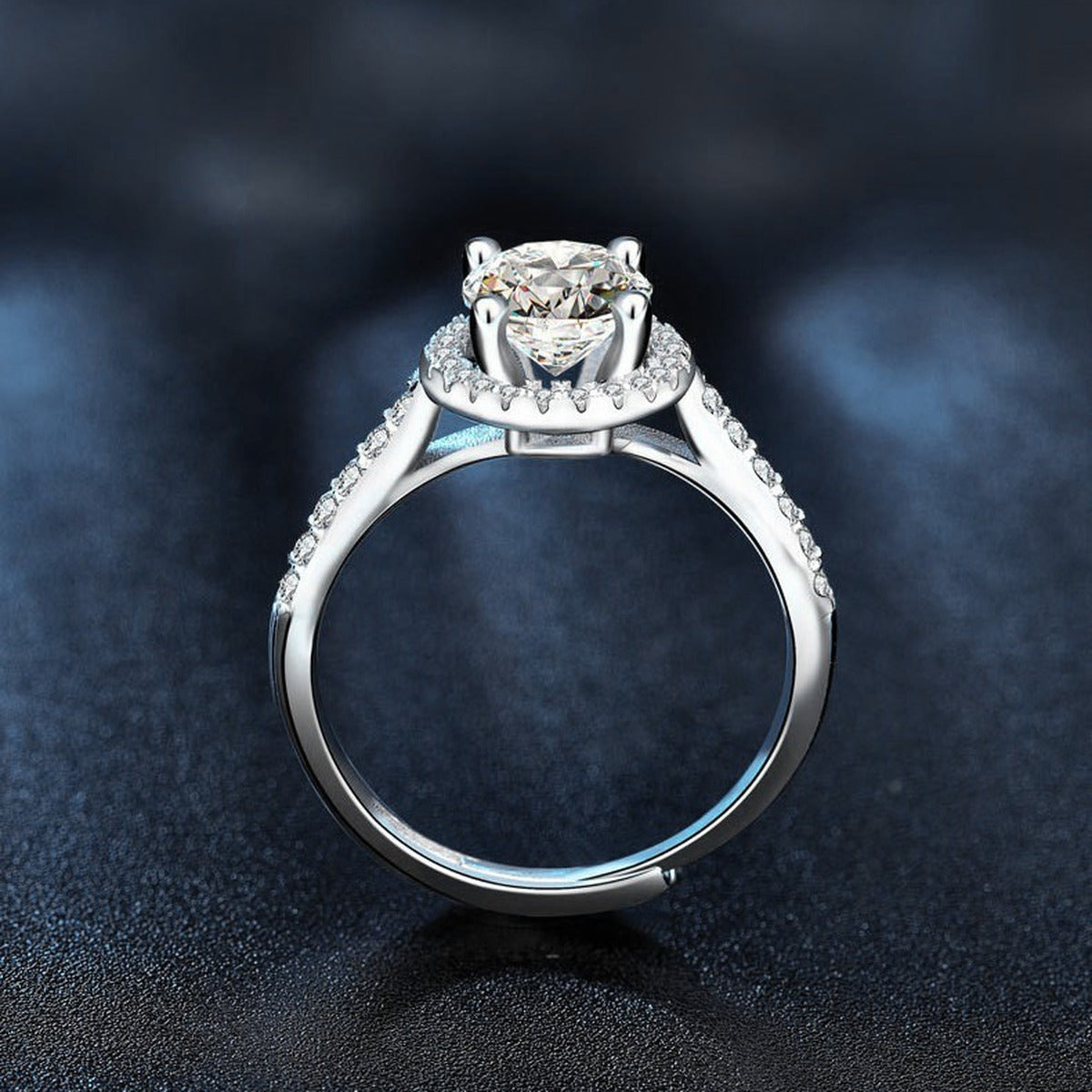 Round Halo Moissanite Engagement Ring with CZ close-up detail view with moissanite sparkle